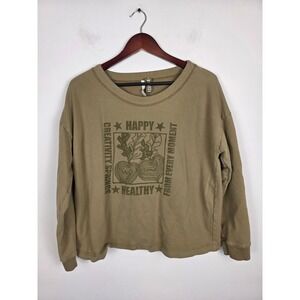 ISCHIKO Women's Olive Green Long Sleeve Graphic Tee Size 8/10‎ Happy Healthy